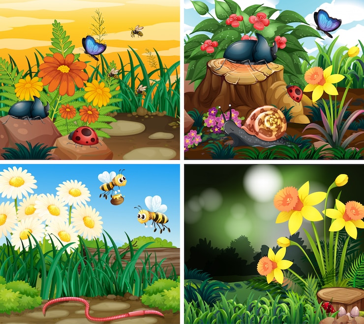 Vettore gratuito set di scene di sfondo con tema della natura