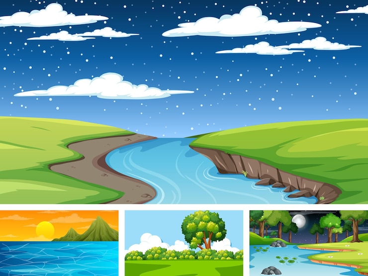 Vettore gratuito set di scene diverse del parco naturale e della foresta