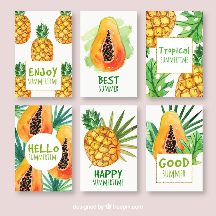 Vettore gratuito set di schede di frutta esotiche di acquerello