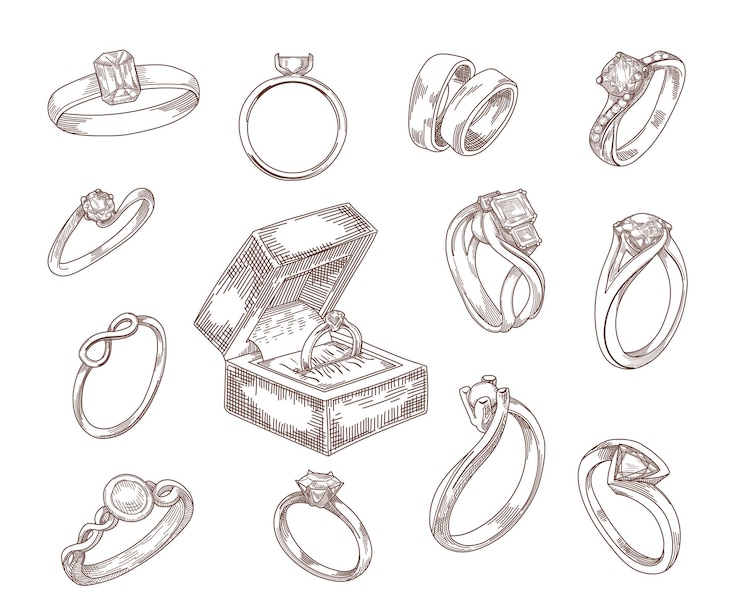 Vettore gratuito set di schizzi disegnati a mano di anelli di fidanzamento e matrimonio. anelli proposti in oro e argento con diamanti di lusso, gemme di smeraldi in stile vintage inciso. gioielli, accessori, concetto di amore