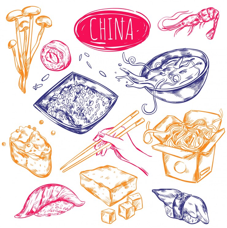 Vettore gratuito set di schizzo di cibo cina