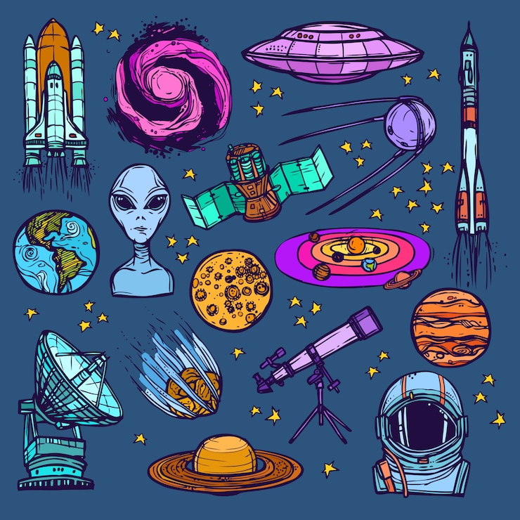 Vettore gratuito set di schizzo spaziale colorato
