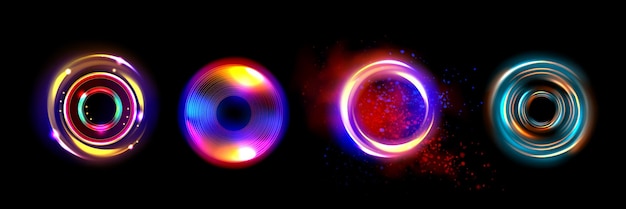 Set di scintille di luce rotonde isolate su sfondo nero Vettore illustrazione realistica di cerchi a colori arcobaleno con particelle scintillanti di fumo effetto di luce vortice di energia radiale decorazione discoteca