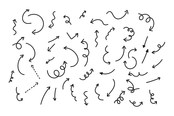 Vettore gratuito set di segno di freccia nero disegnato a mano o elemento simbolo doodle design