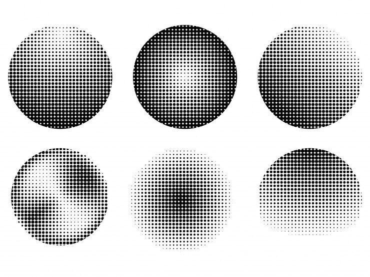 Vettore gratuito set di sei elementi astratti di disegno a effetto semitono, raccolta di modelli di punti raster creativi in bianco e nero.