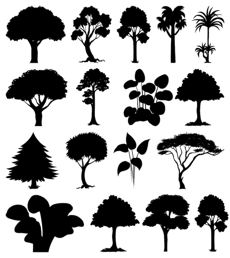 Vettore gratuito set di silhouette di piante e alberi
