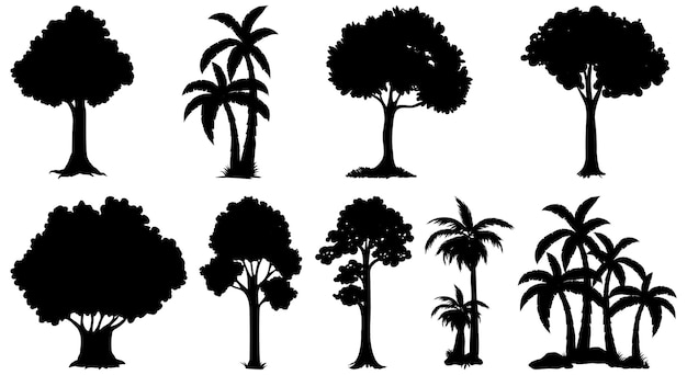 Set di silhouette di piante e alberi