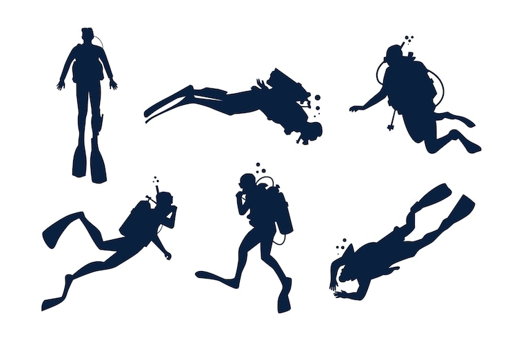Vettore gratuito set di silhouette di subacquei disegnate a mano
