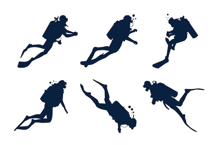 Vettore gratuito set di silhouette di subacquei disegnate a mano