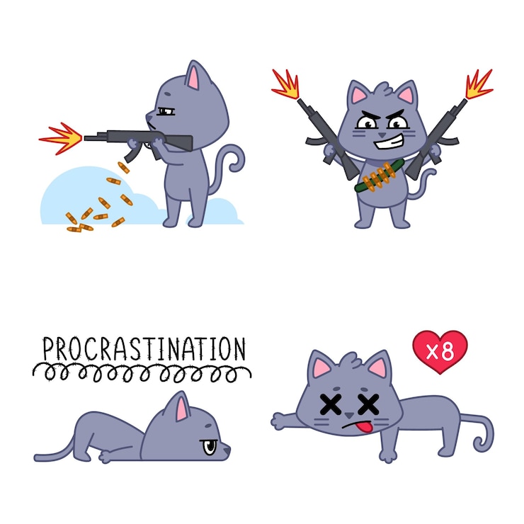 Vettore gratuito set di simpatici gatti disegnati a mano che sparano con un'arma da fuoco sdraiata con procrastinazione che prova amore