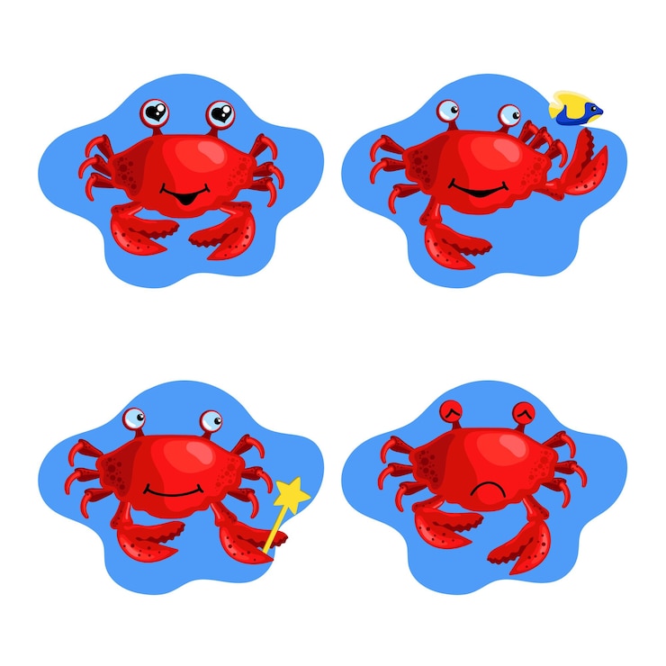 Vettore gratuito set di simpatici granchi disegnati a mano sorridenti che catturano pesci che tengono la bacchetta triste