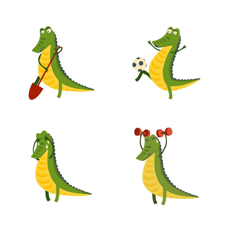 Vettore gratuito set di simpatico cartone animato coccodrillo che scava giocando a calcio piangendo e sollevando manubri