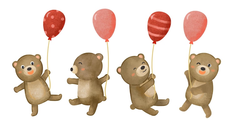 Vettore gratuito set di simpatico orso con palloncino in vari gesti di pittura ad acquerello
