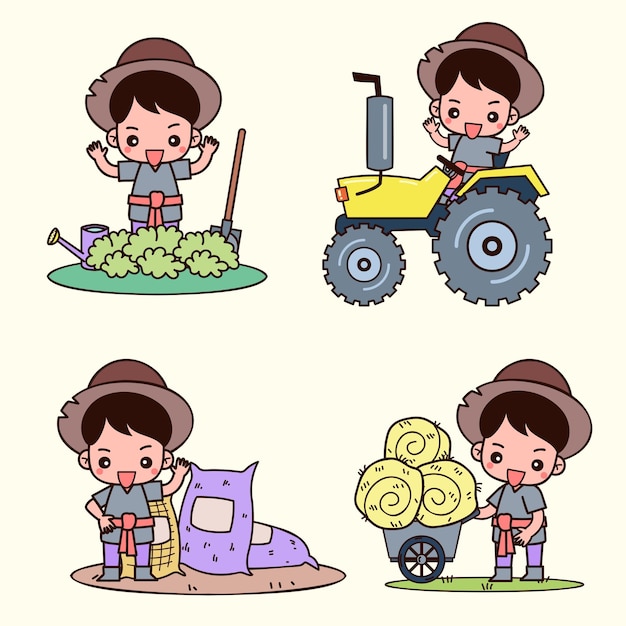 Set di Smart farm e agricoltura giovane agricoltore e agricoltura e allevamento di animali in illustrazioni vettoriali di personaggi dei cartoni animati