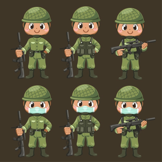 Set di soldati dell'esercito uomo in uniforme che tiene il fucile con azione di differenza e stare al saluto nel personaggio dei cartoni animati, illustrazione piatta isolata