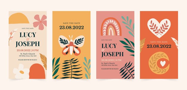 Set di storie di instagram di nozze boho disegnate a mano