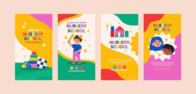 Set di storie di instagram di scuola materna design piatto