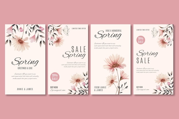 Set di storie di instagram di vendita di primavera dell'acquerello