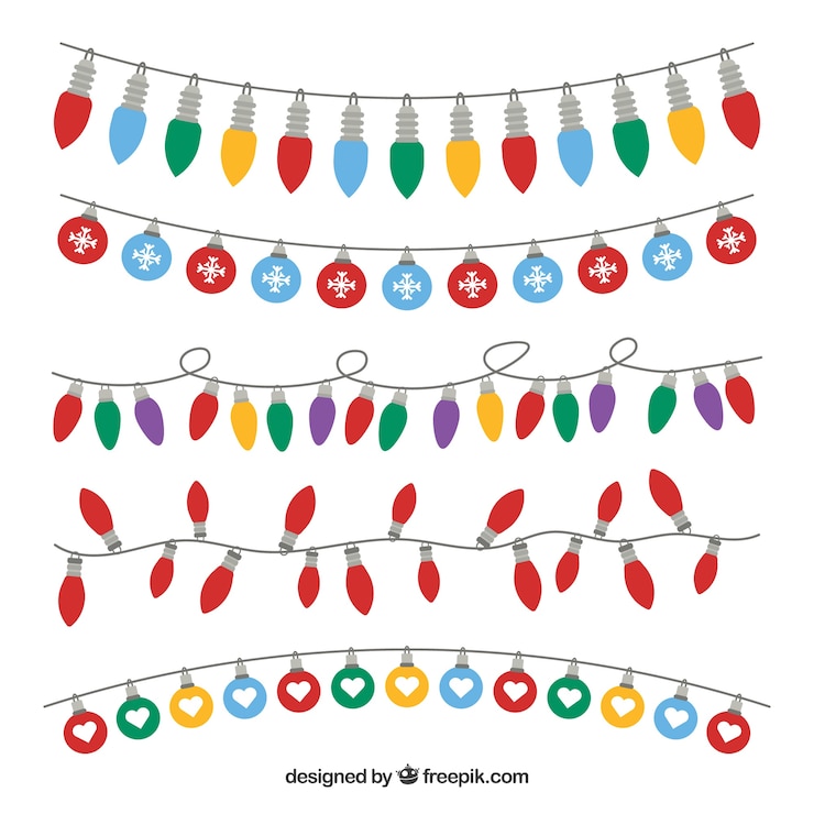 Vettore gratuito set di stringhe luci colorate in design piatto