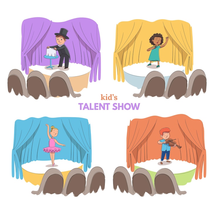 Vettore gratuito set di talent show per bambini ragazzo illusionista mostra trucchi violinista suona violino ragazza ballerina cantante che balla canta una canzone