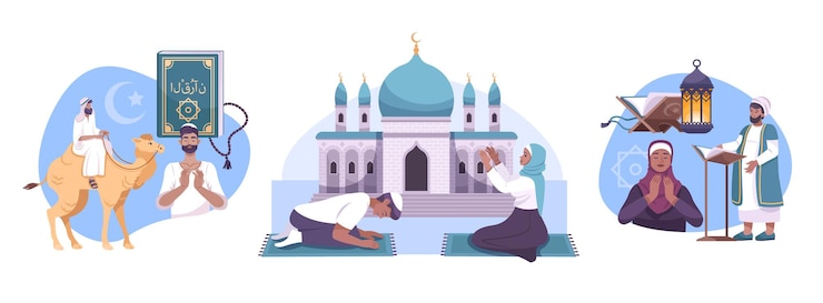 Vettore gratuito set di tre composizioni islam isolate con caratteri piatti di preghiere edificio della moschea mullah e illustrazione del cammello