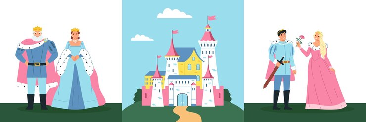 Vettore gratuito set di tre composizioni quadrate con paesaggio del castello all'aperto e personaggi di re regina e principessa illustrazione vettoriale