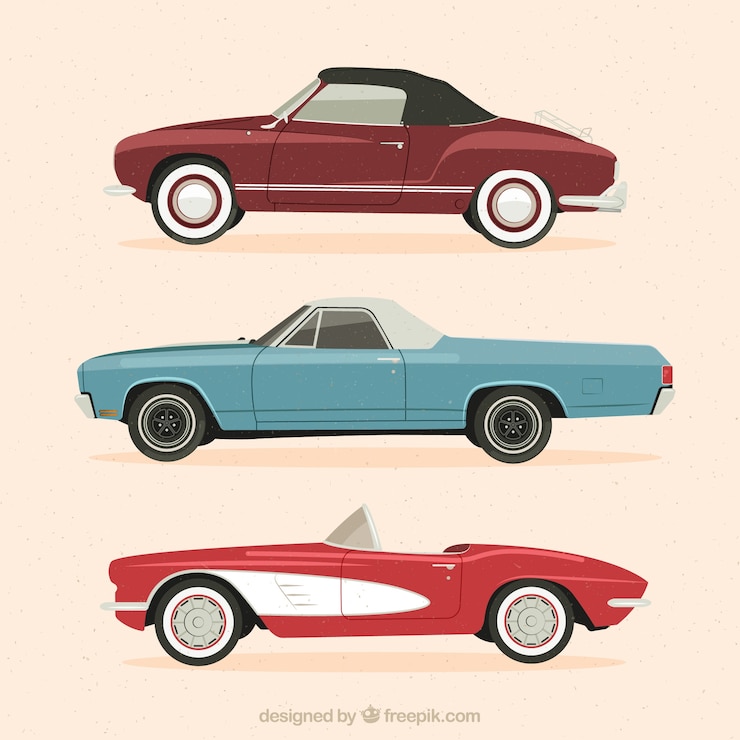Vettore gratuito set di tre eleganti auto d'epoca