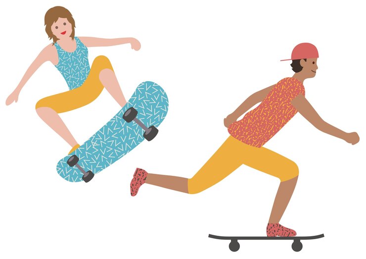 Vettore gratuito set di un uomo e una donna lo skateboard isolato su uno sfondo bianco. piatto di vettore.