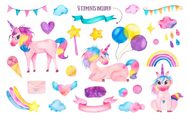 Set di unicorni magici carini dell'acquerello con arcobaleno, palloncini, bacchetta magica