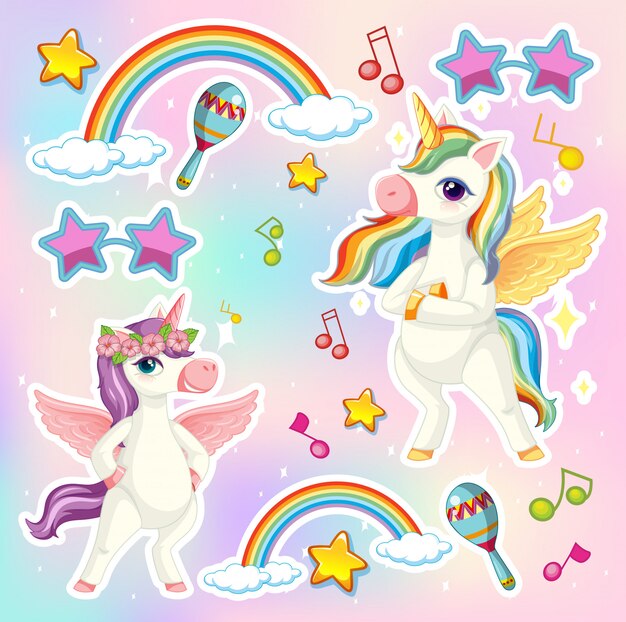 Set di unicorno o pegasus con icona tema musicale su sfondo di colore pastello