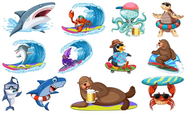 Set di vari personaggi dei cartoni animati di animali marini