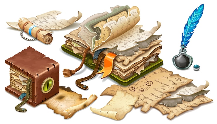 Vettore gratuito set di vecchi libri, pergamene, pergamene, carte