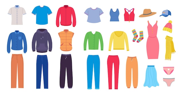 Set di vestiti, accessori per uomo e donna. illustrazioni di indumento da guardaroba. Cartoon pantaloni jeans camicia vestito isolato su bianco