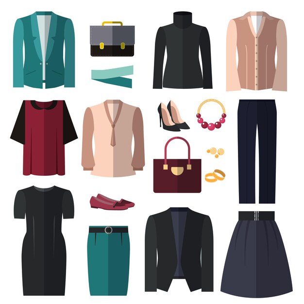 Set di vestiti e accessori della donna di affari. La moda dell'eleganza si veste per lo stile aziendale.