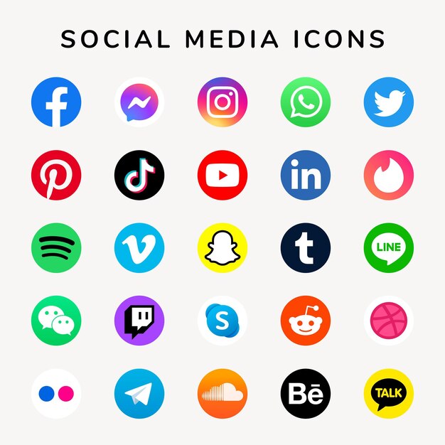 Set di vettori di icone di social media con loghi di Facebook, Instagram, Twitter, TikTok, YouTube