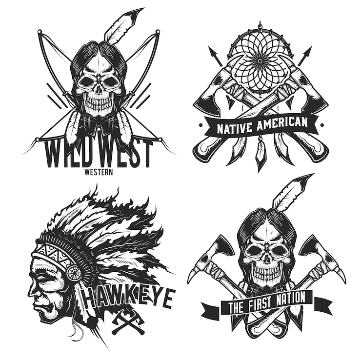Vettore gratuito set di vintage nativi americani emblemi, etichette, distintivi, loghi. isolato su bianco