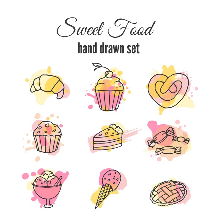 Set dolce di cibo dolce disegnato