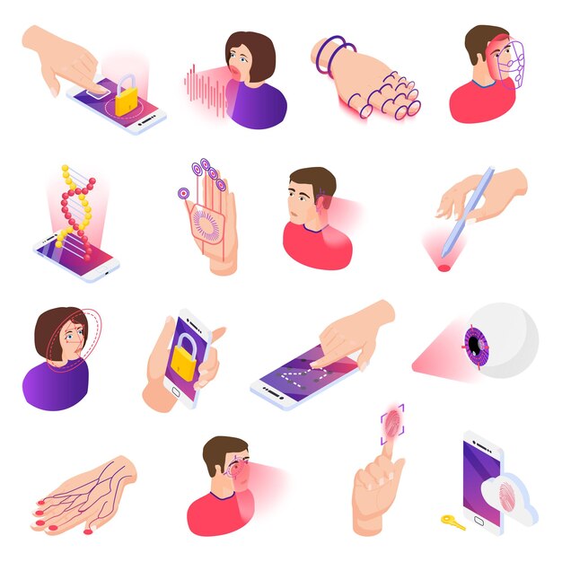 Set isometrico di autenticazione biometrica con composizioni isolate di icone della testa umana con mani e segni olografici illustrazione vettoriale