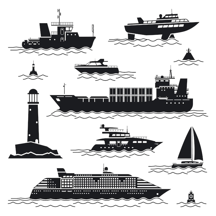 Vettore gratuito set nave e barca. nave di linea e container, mercantile e boa, faro e yacht