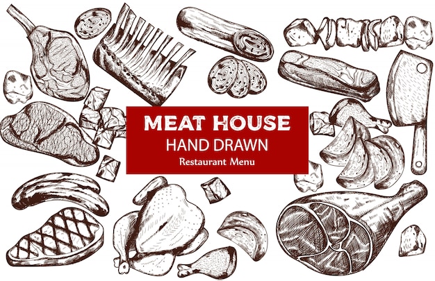 Set per carne Line Art con salsiccia, bistecca, costine di maiale e coltello da macellaio