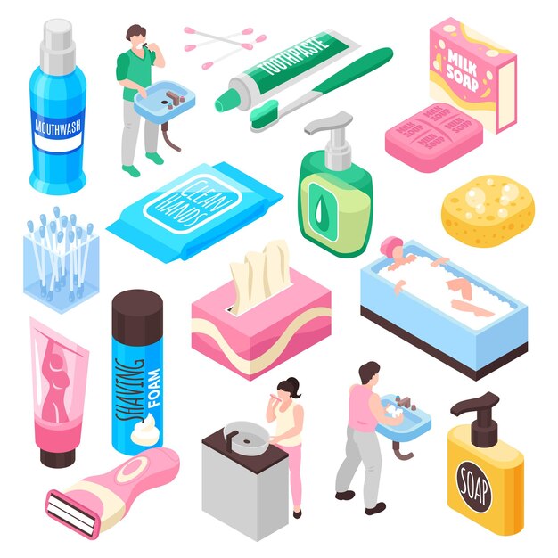 Set per l'igiene personale della famiglia con illustrazione vettoriale isolata isometrica di sapone al latte e dentifricio