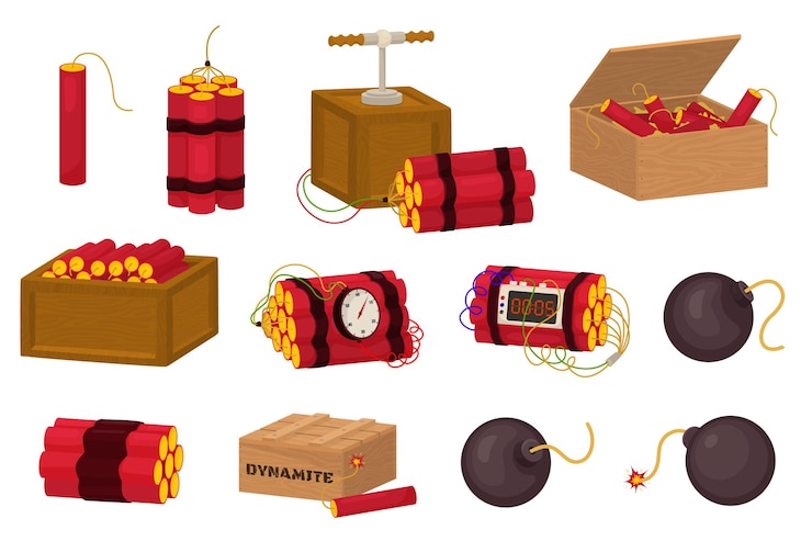 Vettore gratuito set piatto bomba dinamite con icone isolate di bombe rotonde e scatole piene di candele di dinamite illustrazione vettoriale