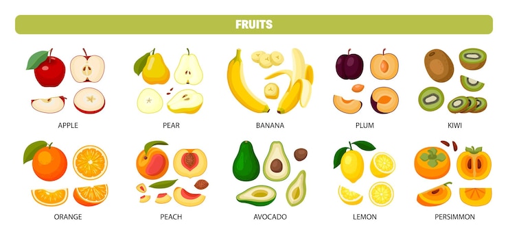 Vettore gratuito set piatto di frutta fresca matura intera e affettata con didascalie di testo isolate su sfondo bianco illustrazione vettoriale