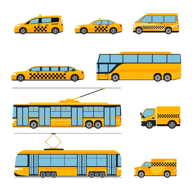 Set piatto di icone di trasporto pubblico della città. Veicoli urbani. Treno e autobus, tram e auto,