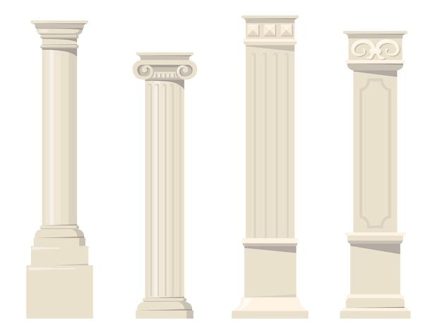 Set piatto di pilastri architettonici intagliati classici vintage. Colonne romane, rinascimentali o barocche del fumetto per la raccolta di vettore isolato interno. Concetto di progettazione e decorazione degli edifici