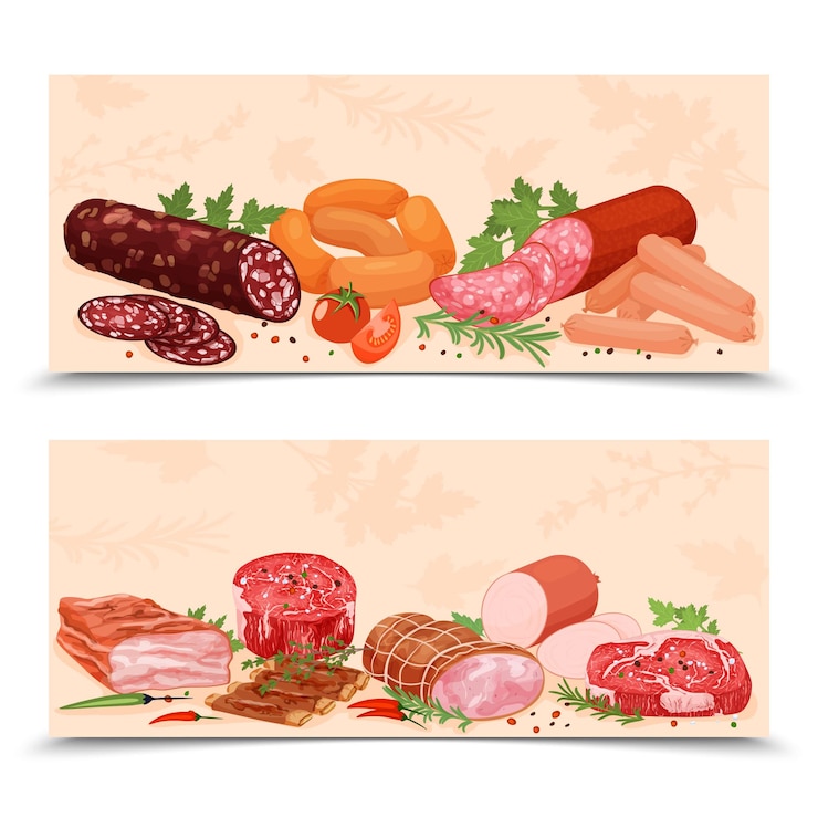 Vettore gratuito set piatto di prodotti a base di carne di due striscioni orizzontali con spezie verdi e salsicce con illustrazione vettoriale di prosciutto e pancetta