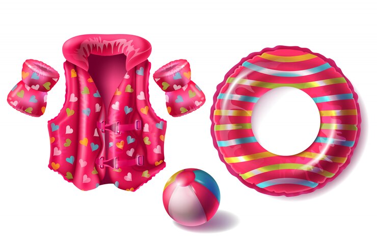 Vettore gratuito set realistico con anello in gomma rosa, salvagente e bracciali con motivo, spiaggia gonfiabile