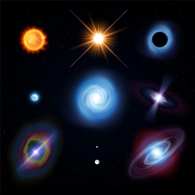Vettore gratuito set realistico del ciclo di vita delle stelle con icone isolate di corpi celesti lucidi su sfondo scuro del cielo illustrazione vettoriale