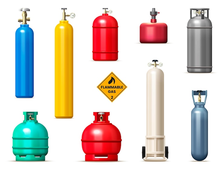 Vettore gratuito set realistico di bombole e serbatoi di gas con simboli di gas infiammabili isolato illustrazione vettoriale