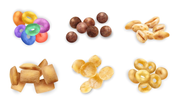 Vettore gratuito set realistico di cereali per la colazione con palline di anelli e fiocchi di mais soffiati isolati illustrazione vettoriale
